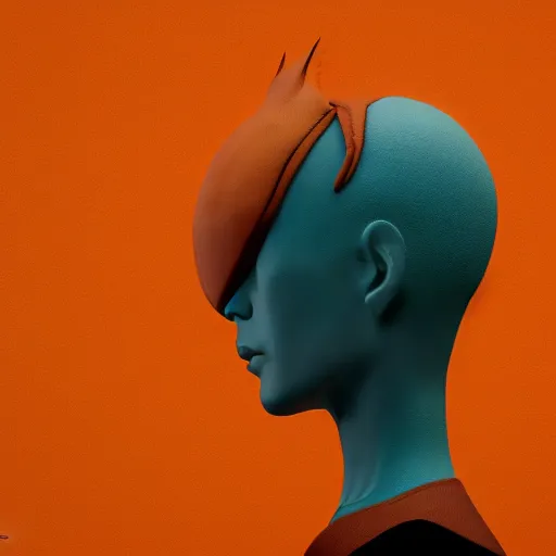 Image similar to character art of a human with bird head, trending on art station, orange and teal color, cgsociety, octane render
