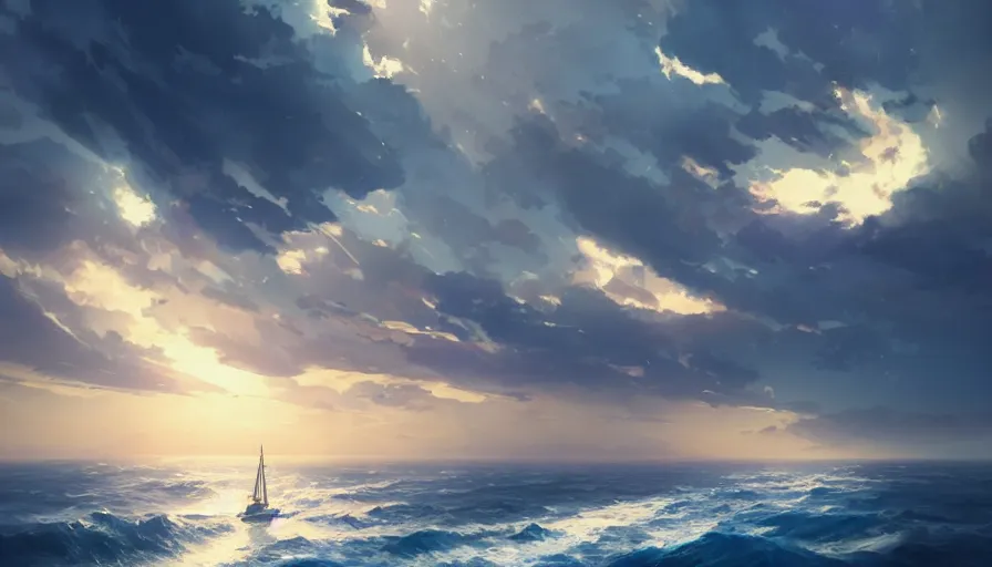 Image similar to ship sailing at sea, dynamic blue sky, storm sky, with blue light piercing through clouds, makoto shinkai,, lighting refraction, volumetric lighting, pixiv art, highly detailed, anime art, greg rutkowski, symmetrical, artgerm, wlop, anime art
