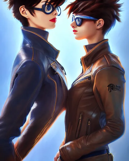 Image similar to tracer and mei wearing a leather jacket, perfect face, cinematic, stunning, cute, adorable, strong, highly detailed, psychedelic, digital painting, artstation, smooth, hard focus, illustration, art by jessica rossier and and brian froud