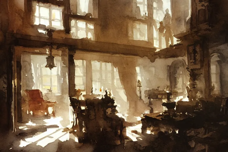 Prompt: abstract watercolor painting of hedonic scandinavian thief house interior, in stone, low ceiling, magical and traditional, cinematic light, national romanticism by anders zorn, by greg rutkowski, by greg manchess