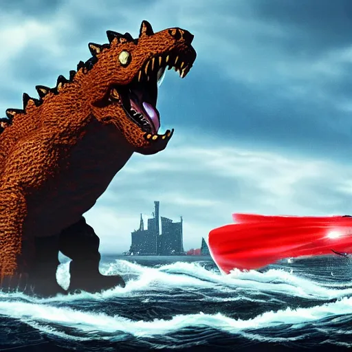 Image similar to masive 1 0 0 meters beagle dog versus godzilla over the sea, epic cinematic, 4 k, very high detail