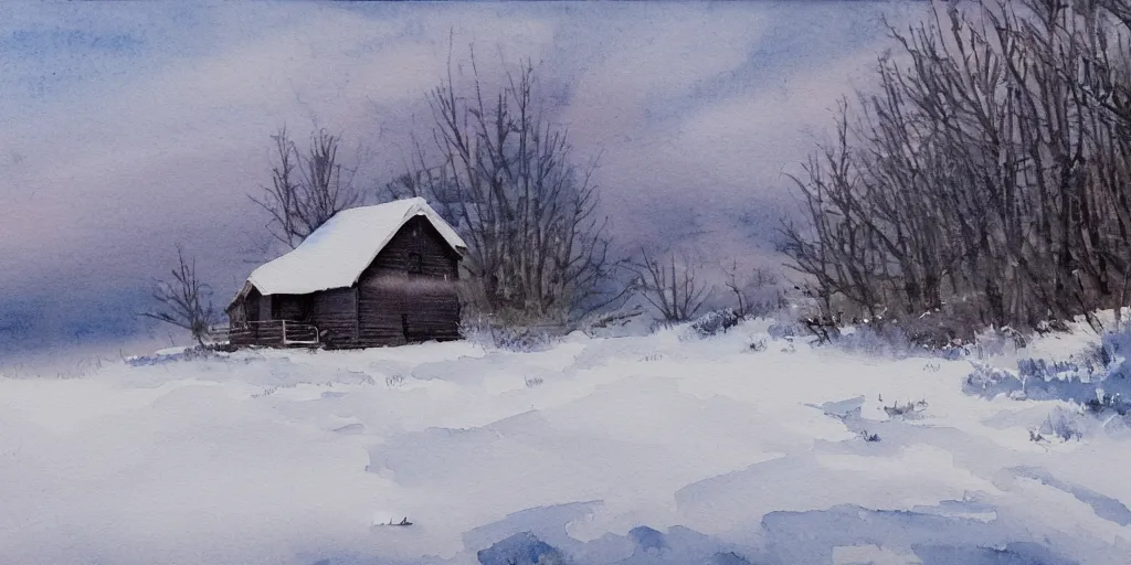 Image similar to a watercolor painting of a cabin in a snowy landscape, at dusk, painted by lars lerin