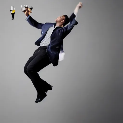 Image similar to a painting of a portrait of a male model boisterously dancing around the room by himself holding an empty wine bottle as he jumps in the air in a (warehouse), striking artistic concept, perfect composition, detailed facial expression, fine detail, dramatic lighting, award-winning photo UHD, 4K