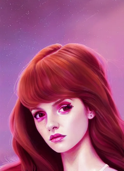 Image similar to full body portrait of teenage cheryl blossom, bangs, green eyes, sultry expression, red hair, sultry smirk, bangs and wavy hair, pink skirt, bangs, intricate, elegant, glowing lights, highly detailed, digital painting, artstation, concept art, smooth, sharp focus, illustration, art by wlop, mars ravelo and greg rutkowski