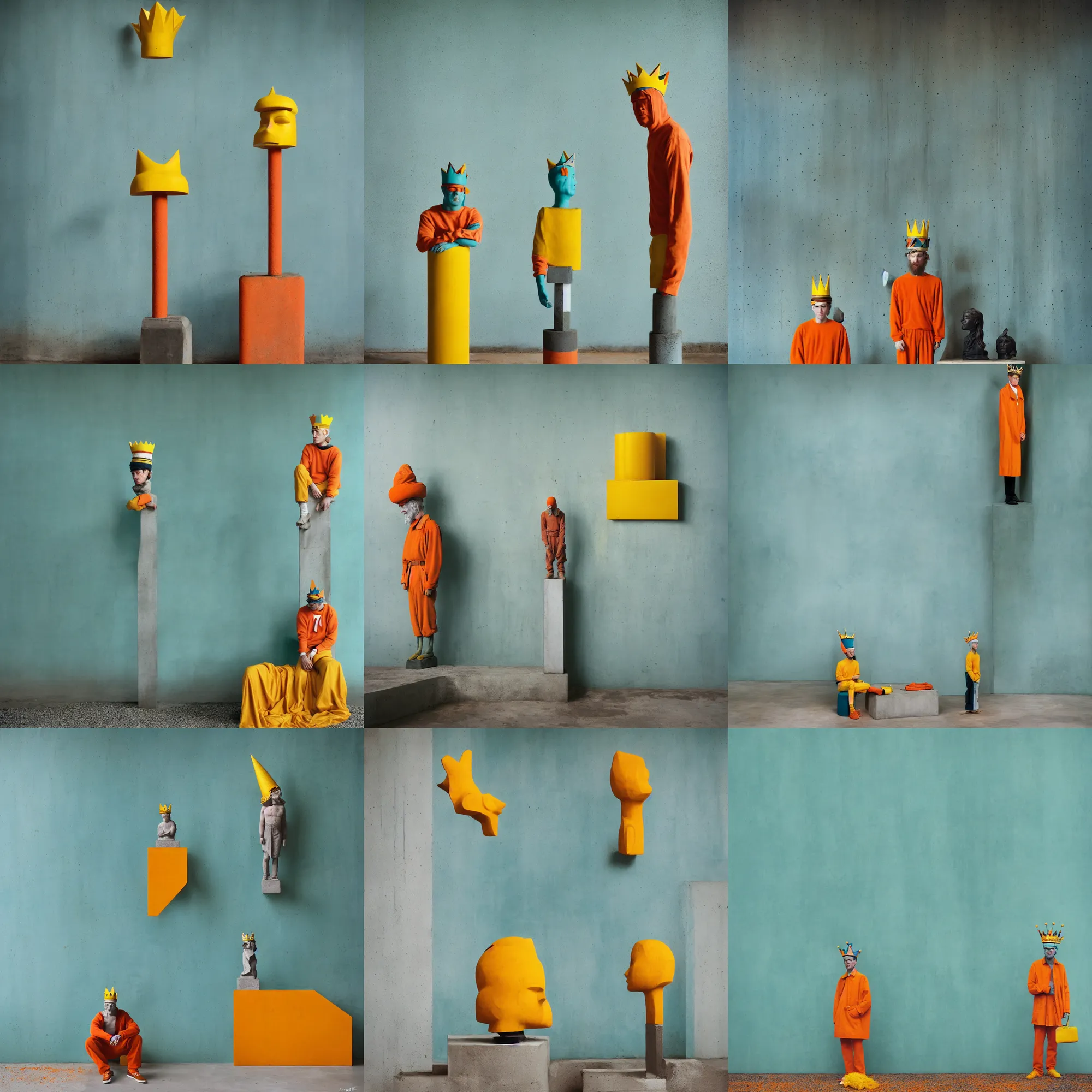 Image similar to kodak portra 4 0 0, 8 k, shot of a highly detailed, britt marling style, colour still - life portrait of a large minimalistic room, rough concrete walls, a single rough carved wooden teal and orange striped coloured statue is standing on a concrete podest with a yellow crown on his head, muted colours