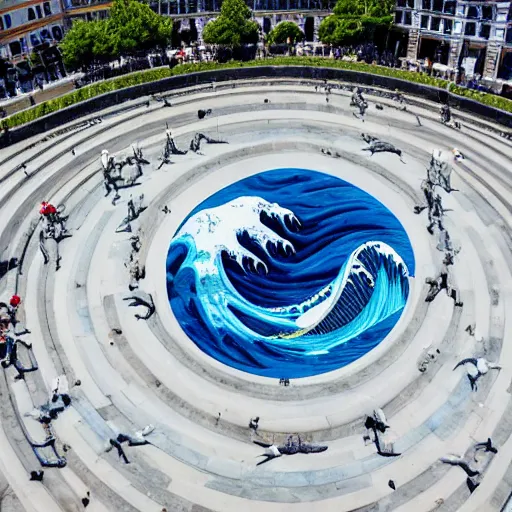 Image similar to A white and blue marble sculpture of The Great Wave off Kanagawa in the middle of an Italian piazza without people, midday, 4k photograph, sunny day, long shot, overhead view, far away