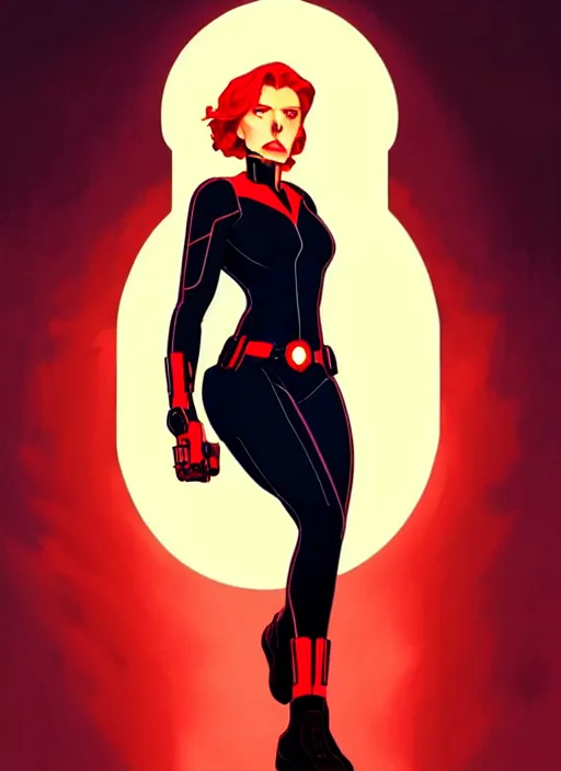 Prompt: rafeal albuquerque comic art, joshua middleton comic art, cinematics lighting, night time, pretty scarlett johansson black widow, big smirk, symmetrical face, symmetrical eyes, long red hair, full symmetrical body, flying in the air, jumping off rooftop