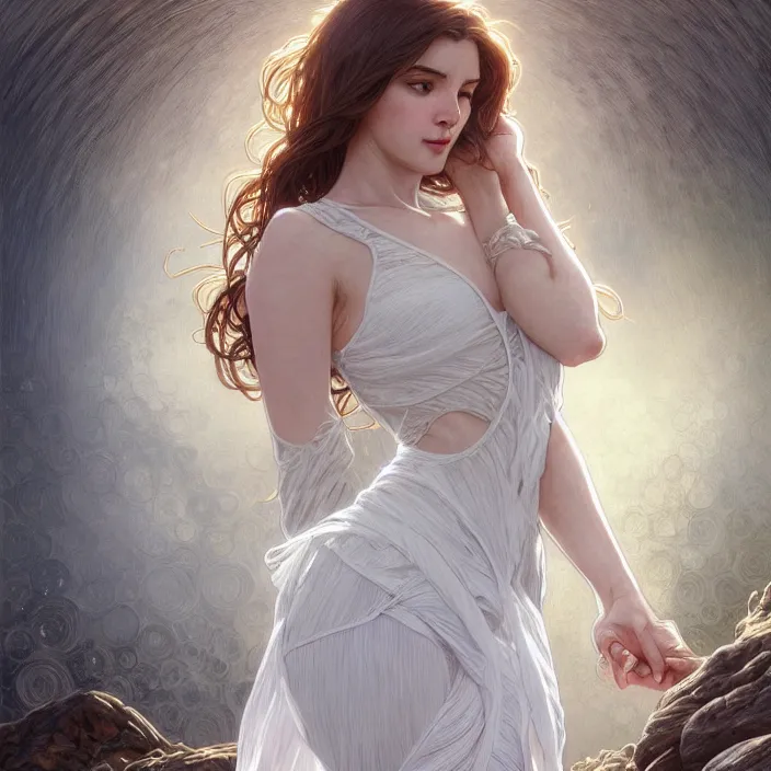 Image similar to long shot, woman posing, short wavy hair, round face, intricate white dress, cottagecore!!, inside water, intricate, enlightened, highly detailed, digital painting, artstation, concept art, smooth, sharp focus, illustration, art by artgerm and greg rutkowski and alphonse mucha