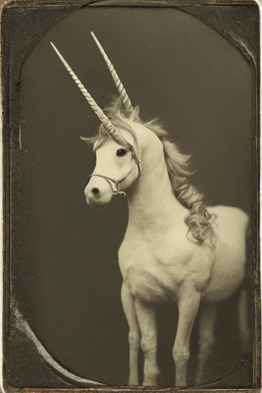 Prompt: a tintype photograph of a unicorn