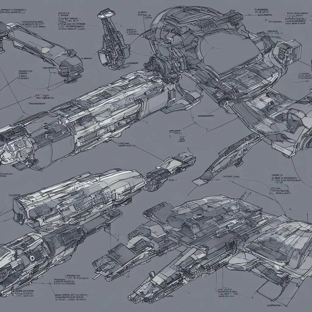 Prompt: technical drawings for a faster than light space ship, detailed