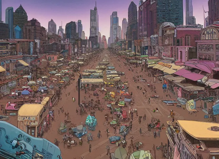 Image similar to close up view of a bustling city street on an alien planet by jeff darrow and moebius, earth and pastel colors, dramatic perspective, detailed, realistic, masterpiece, 4 k, 8 k