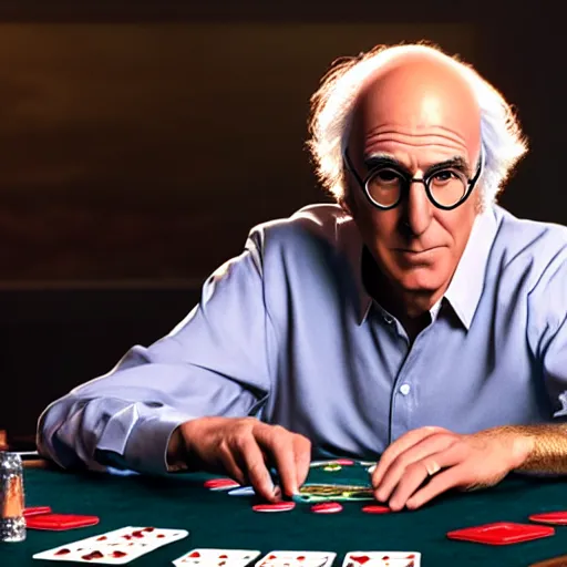 Image similar to larry david playing poker, photorealistic studio portrait, studio lighting, unreal engine 5, hyperrealistic, dynamic lighting, white ambient background, realistic, highly detailed