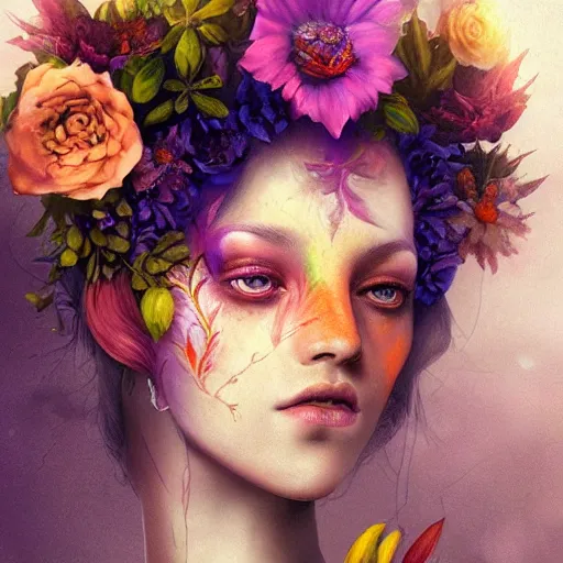 Prompt: colorful demoniac woman in flowers by rembrandt and lise deharme and artgerm, digital art, detailed masterpiece