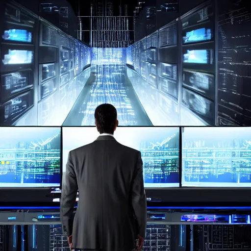 Image similar to a man in gray corporate suit standing in dark in front of supercomputer with many monitors and displays, on one of the monitors the skynet logo, photorealistic, highly detailed, 4 k, hd