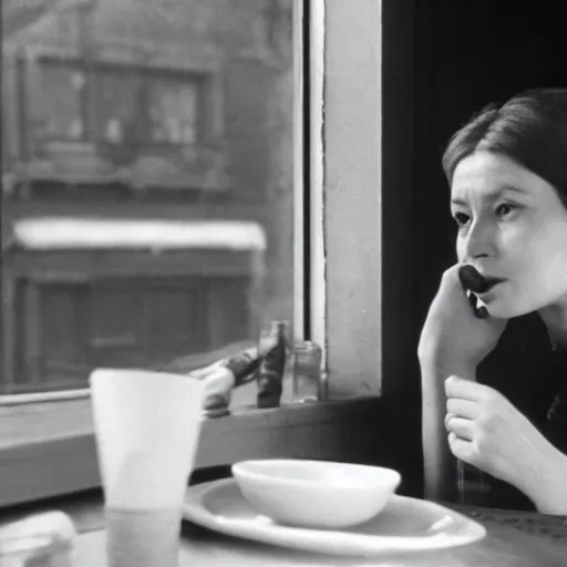 Prompt: film still of soviet movie still a soviet woman sitting at a table next to the window with food, dark warm light, a character portrait by margarita terekhova, movie stalker solaris film still by andrei tarkovsky, 8 k, close - up bokeh, gelios lens, color, noir