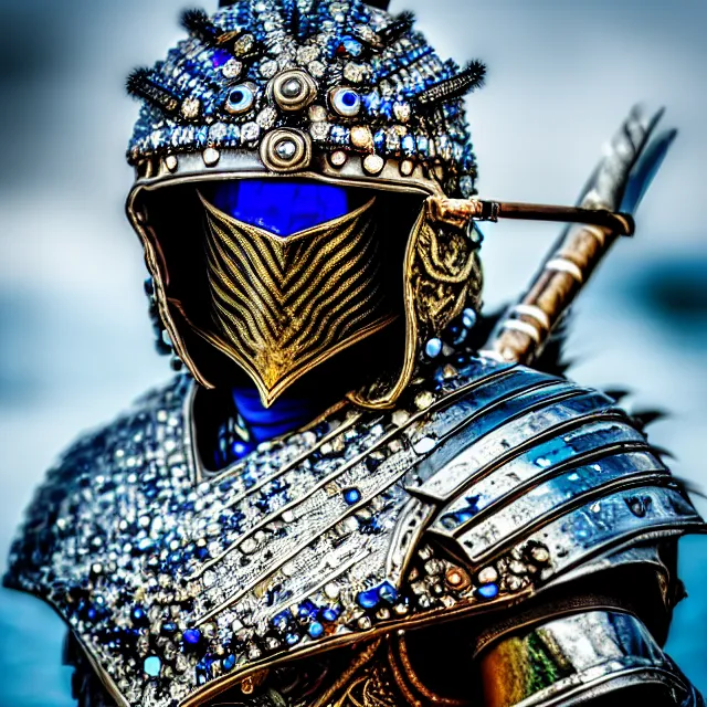 Prompt: photo of a beautiful warrior with sapphire encrusted armour highly detailed 8 k hdr smooth sharp focus high resolution award - winning photo dslr 5 0 mm