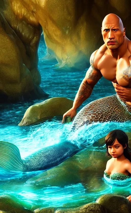 Image similar to dwayne johnson as a charming mermaid work safe dreamlike, character art, hyperdetailed, 8 k realistic, unreal engine, cryengine, dof, trending on artstation, digital art