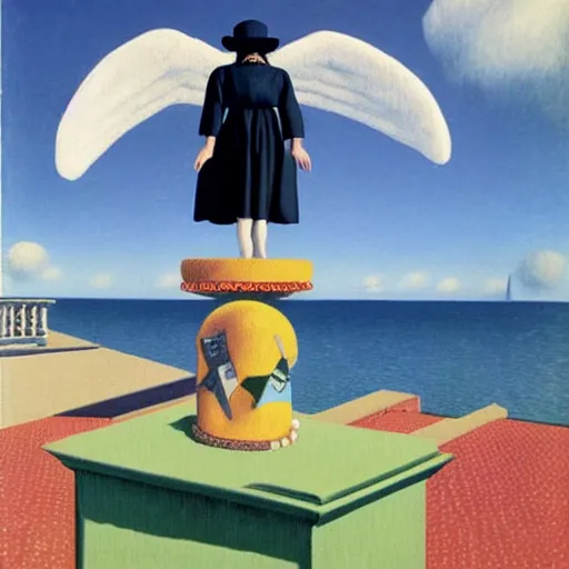 Image similar to An angel with jester hat and clothes on the front of a Balustrade with a beach on the background, major arcana cards, by Rene Magritte, hyperrealistic