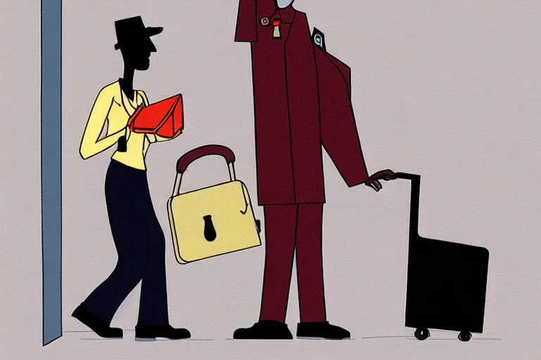 Image similar to tall, security guard checks the bags of a worried looking woman, art, satire