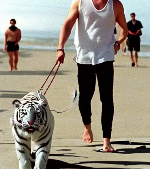 Image similar to celebrity walking his pet white tiger on a chain down Venice beach, muscle beach in 1998