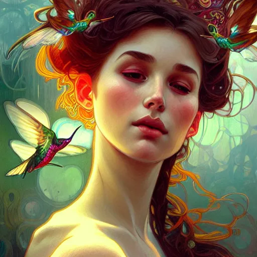 Prompt: Portrait of a girl exhaling smoke being surrounded by hummingbirds, face, fantasy, intricate, elegant, highly detailed, digital painting, artstation, concept art, smooth, sharp focus, illustration, art by Fernanda Suarez and Artem Demura and alphonse mucha