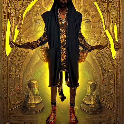 Prompt: Snoop Dogg as the egyptian god Anubis, D&D, fantasy, intricate, cinematic lighting, highly detailed, digital painting, artstation, concept art, smooth, sharp focus, illustration, art by Akihiko Yoshida, Greg Rutkowski and Alphonse Mucha