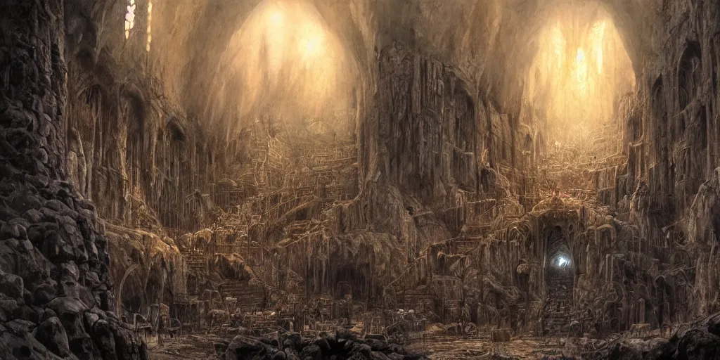 Image similar to Khazad-dûm in the Mines of Moria, detailed matte painting, cinematic, Alan Lee, Artstation