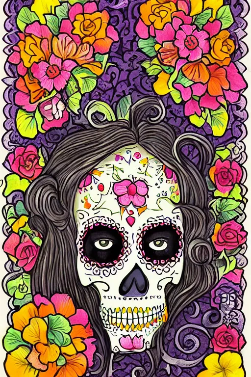 Prompt: Illustration of a sugar skull day of the dead girl, art by Tsuguharu Fujita