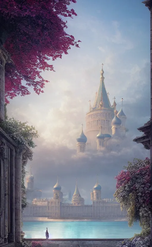 Image similar to vanishing point, palace like the kremlin in distance on a lake is covered with aqua blue roses, viewed from afar, stephen bliss, misty, unreal engine, fantasy art by greg rutkowski, loish, ferdinand knab, and lois van rossdraws,, global illumination, radiant light, minimalist, detailed and intricate environment