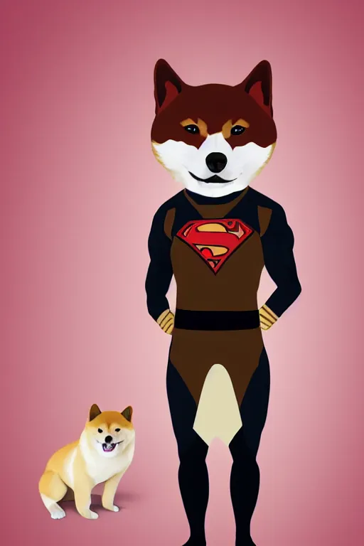 Image similar to a full-length portrait of a superhero with the face of a Shiba Inu, realistic illustration, 4k
