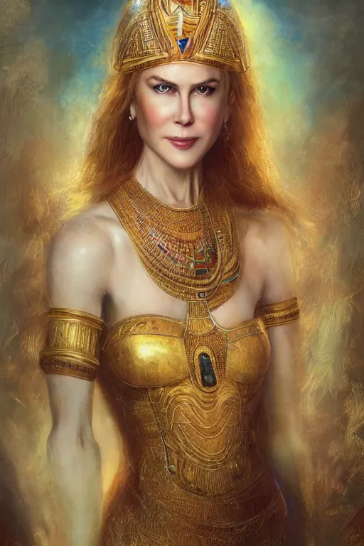 Image similar to Nicole Kidman as egyptian princess, gorgeous, portrait, powerful, intricate, beautiful, masterpiece, elegant, volumetric lighting, digital painting, highly detailed, artstation, sharp focus, illustration, Hajime sorayama, ruan jia