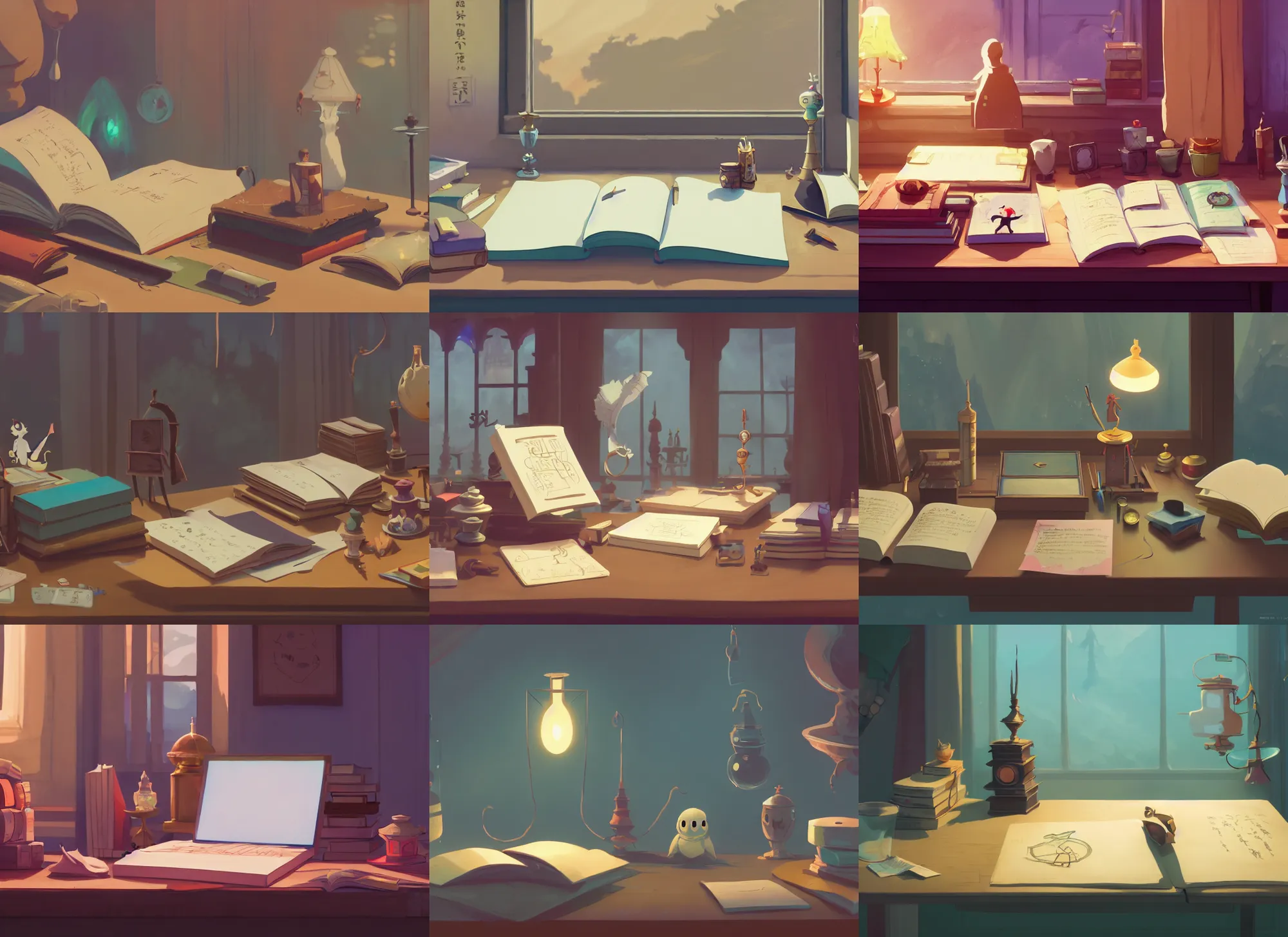 Prompt: magician's desk, detailed, potions, scrolls, arcane books, cory loftis, james gilleard, atey ghailan, makoto shinkai, goro fujita, studio ghibli, rim light, exquisite lighting, clear focus, very coherent, plain background, soft painting