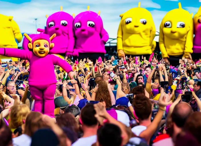 Prompt: photo still the teletubbies at the vans warped tour!!!!!!!! at age 3 6 years old 3 6 years of age!!!!!!!! dancing into the crowd, 8 k, 8 5 mm f 1. 8, studio lighting, rim light, right side key light