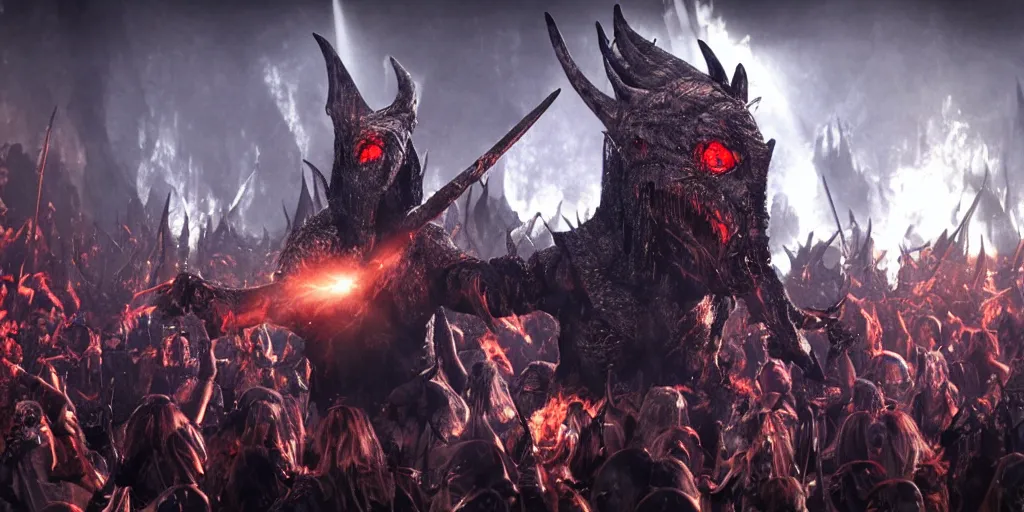 Prompt: Sauron playing rock guitar to a crowd of orcs in Mordor, epic, realistic, 8k resolution, detailed