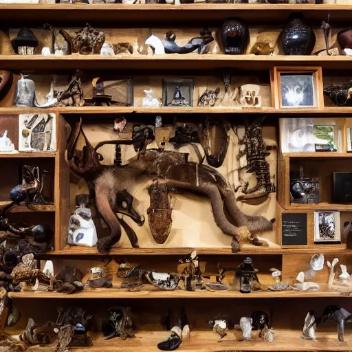 Prompt: “An 8K photo of a shelf of oddities from an exhibit at the Museum of Oddities”