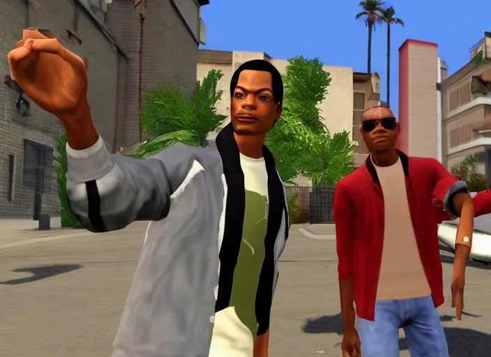 Image similar to Michael Jackson and Carl Johnson armed in Groove Street