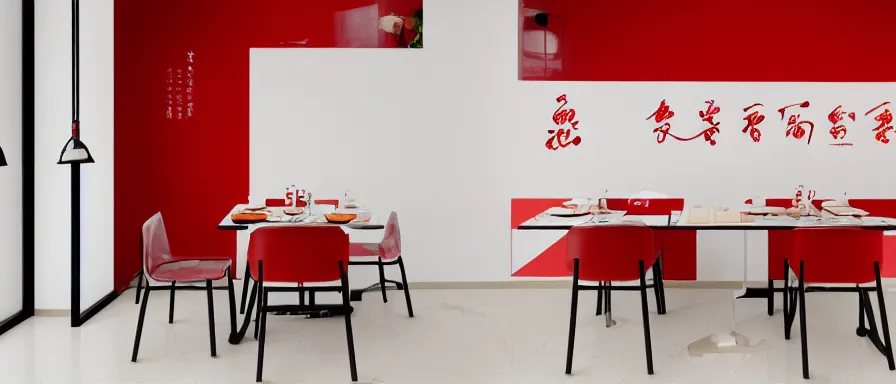 Image similar to a beautiful simple interior render of small roasted string hotpot restaurant restaurant yan'an, wall corner, from china, red paper wall and white tile floor, rectangle white porcelain table, black chair, fine simple delicate structure, chinese style, simple composition, simple style structure decoration design, victo ngai, 4 k hd