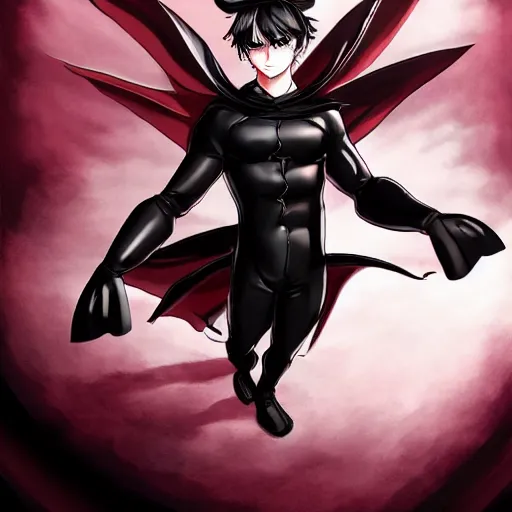 Image similar to little boy with cat ears in an black latex suit with red cape. digital artwork made by lois van baarle and kentaro miura, sharpness focus, inspired by hirohiko araki, anatomically correct, heroic composition, hero pose, dark city