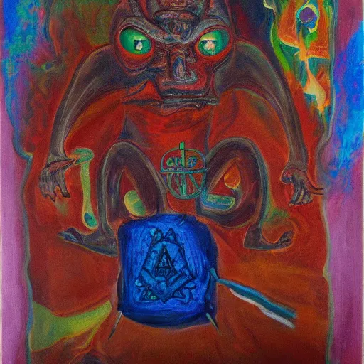 Image similar to portre of an autistic demon on acid, masonic and kabalistic symbols in background, oil painting