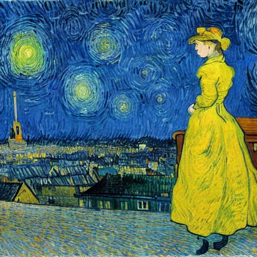 Prompt: a romantic girl on the roof of the house in rotterdam looks at the stars, in the windows yellow light, painting by wang gogh