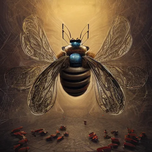 Image similar to A crisp 3d render of a robot Bee made of circuits wide view shot by ellen jewett , tomasz alen kopera and Justin Gerard symmetrical features, ominous, magical realism, texture, intricate, ornate, royally decorated, body format,windows, many doors, roofs, complete house , whirling smoke, embers, red adornements, red torn fabric, radiant colors, fantasy, trending on artstation, volumetric lighting, micro details, 3d sculpture, ray tracing, 8k