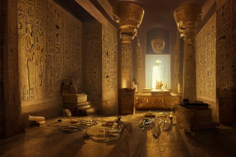Prompt: egyptian tomb interior shiney gold and obsidian, beautiful painting, david roberts, greg rutkowski, james gurney, artstation.