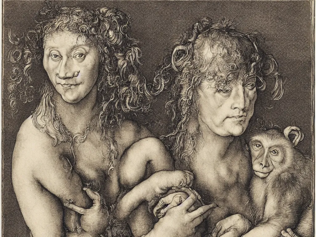 Image similar to portrait of a woman with monkey. copper engraving by albrecht durer, walton ford