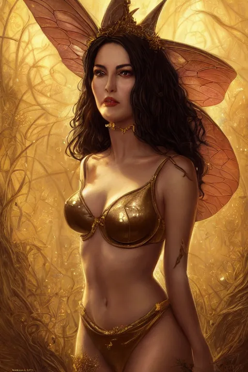 Prompt: monica bellucci, fairy witch, gold bra, highly detailed, d & d, fantasy, highly detailed, digital painting, trending on artstation, concept art, sharp focus, illustration, art by artgerm and greg rutkowski and fuji choko and viktoria gavrilenko and hoang lap