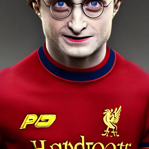 Image similar to portrait of harry potter, daniel radcliffe, wearing a liverpool jersey, highly detailed, masterpiece painting, jan van eyck, raphael, 4 k, octane render,