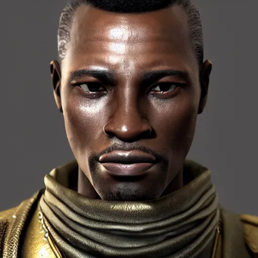 Image similar to A Crusader Kings II portrait of an African man with high cheekbones. Good bone structure. Dressed in 1940s style. Highly detailed, fine Art, high detail, great lighting, 8k resolution, masterpiece, concept art, illustration, clear eyes, painting oil on canvas, octane render, HDR, trending on artstation, 4k, 8k, HD