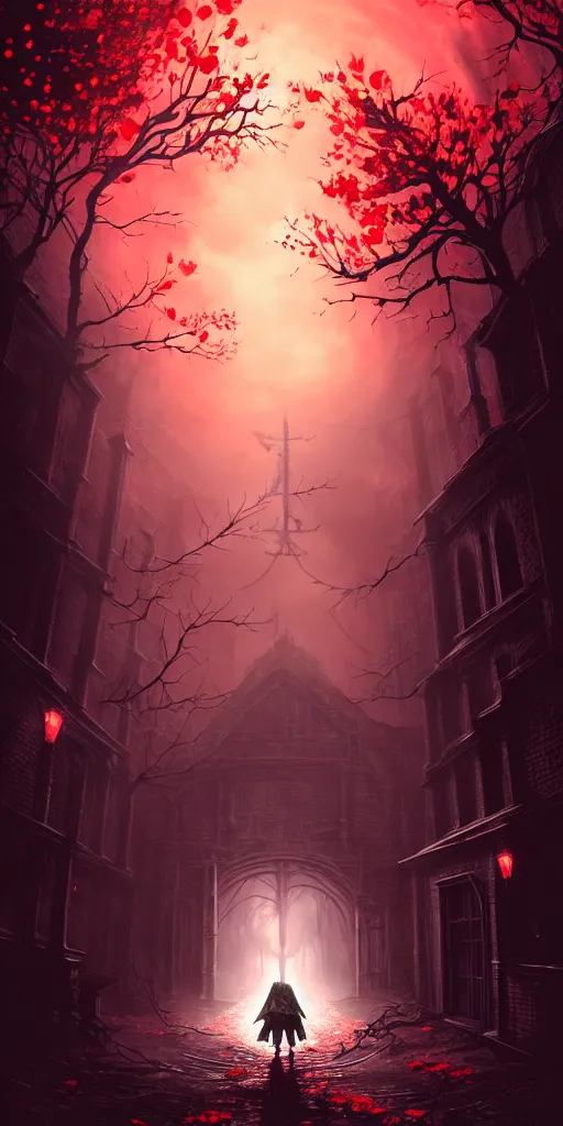 Prompt: abandoned bloodborne old alley with a kid at the centre, trees and stars background, falling petals, epic red - orange sunlight, perfect lightning, illustration by niko delort,