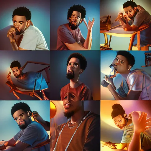 Image similar to detailed studio photography of a close disney style animation of j cole, highly detailed, breathtaking, uhd resolution, beautiful lighting, studio light, extremely detailed, 8 5 mm shot, photorealistic, hyperrealistic