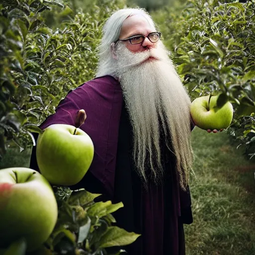 Prompt: beautiful professional photograph of a wizard with a very long white beard, brewing brewing!!!, potions!!!, elixirs, potions!!! potions, in an apple orchard