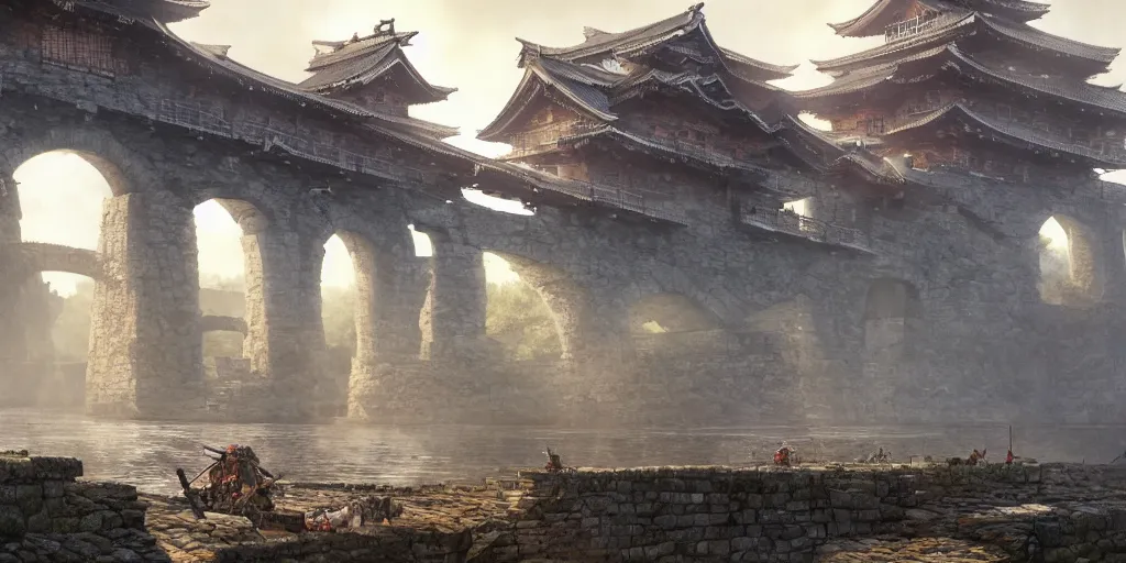 Image similar to japan middle age, giant fortress with cannons guarded by samurais, is built on a strong old wooden bridge, giant goddess with swords, morning, matte painting, concept art, james gurney, greg rutkowski, unreal engine, artstation, john howe